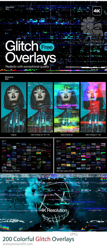 دانلود 200 تکسچر گرانج رنگی - Colorful Glitch Overlays 4K