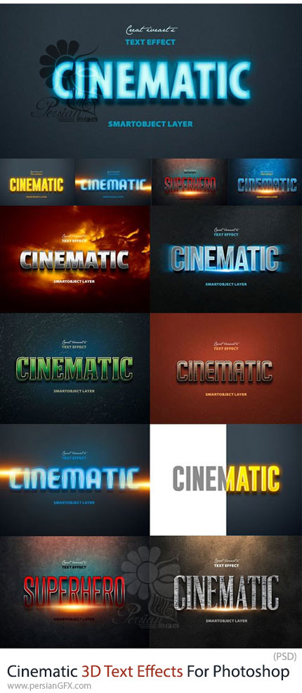 دانلود 10 افکت لایه باز سه بعدی سینمایی برای متن - Cinematic 3D Text Effects For Photoshop