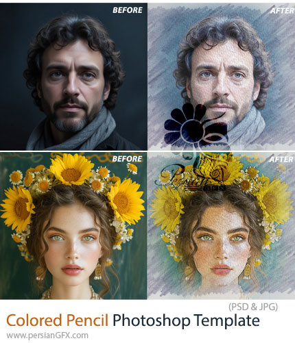دانلود قالب لایه باز تبدیل تصاویر به نقاشی با مداد رنگی - Colored Pencil Photoshop Template