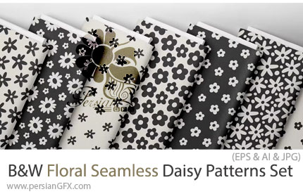 دانلود 27 پترن وکتور با طرح های گلدار سیاه و سفید - Black And White Floral Seamless Daisy Patterns Set