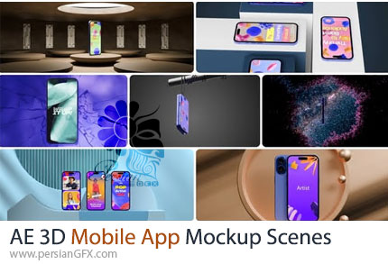 دانلود پروژه افترافکت پک 7 انیمیشن سه بعدی نمایش اپلیکیشن موبایل + آموزش - 3D Mobile App Mockup Scenes