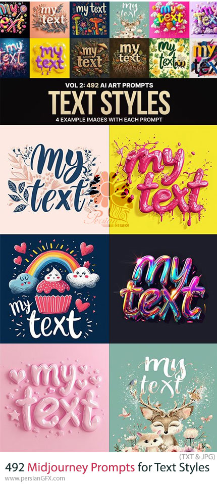 دانلود 492 پرامپت میدجورنی برای طراحی استایل های متن - Midjourney Prompts for Text Styles: Vol 2