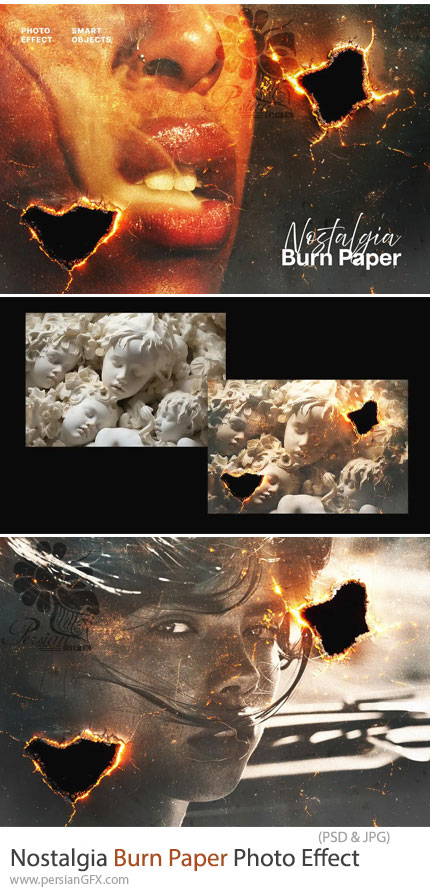 دانلود قالب لایه باز ایجاد افکت کاغذ سوخته نوستالژیک بر روی تصاویر - Nostalgia Burn Paper Photo Effect