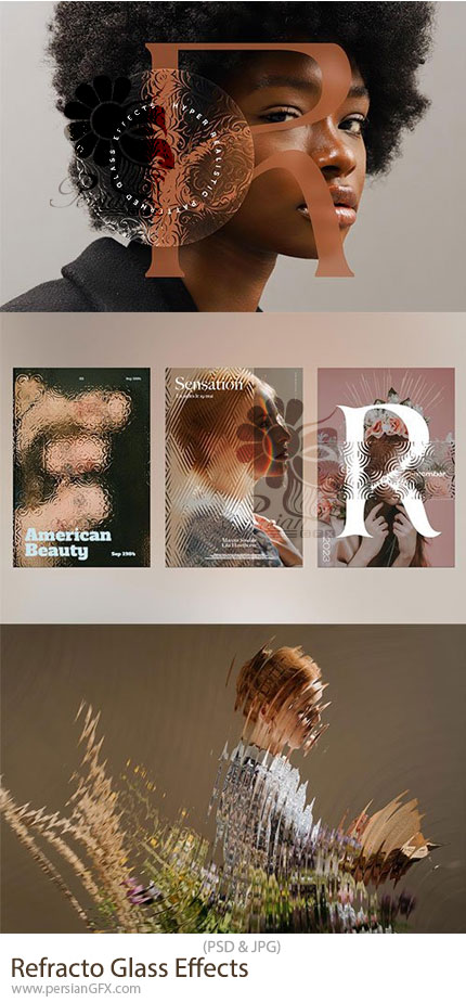دانلود قالب لایه باز ایجاد افکت شیشه ای طرح دار بر روی تصاویر - Refracto Glass Effects