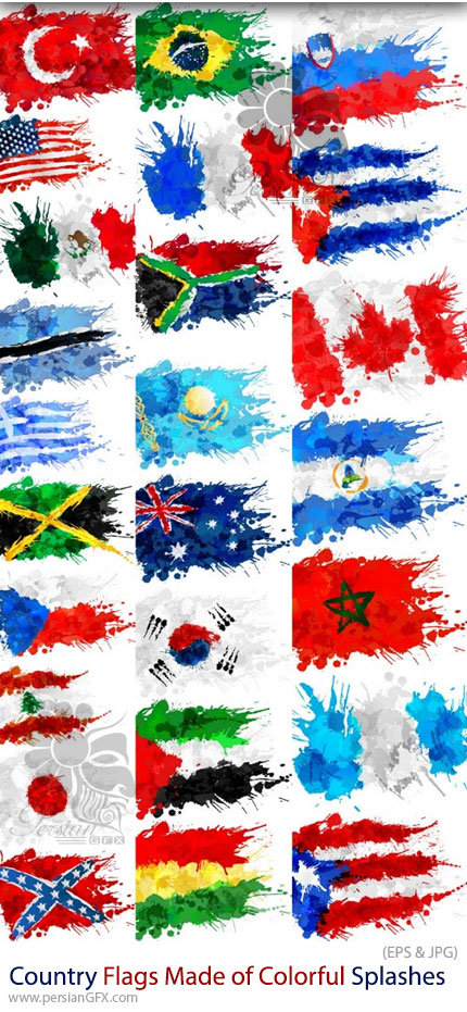 دانلود 25 وکتور پرچم کشورها با افکت پاشش رنگ - Country Flags Made of Colorful Splashes