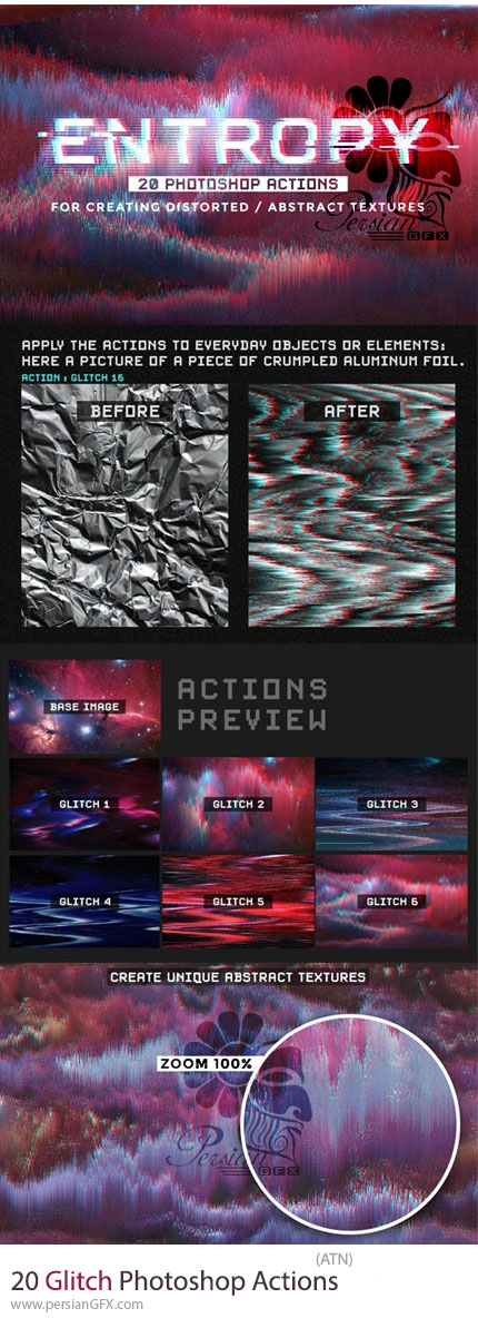 دانلود پک اکشن فتوشاپ با 20 افکت گلیچ متنوع - Glitch Photoshop Actions