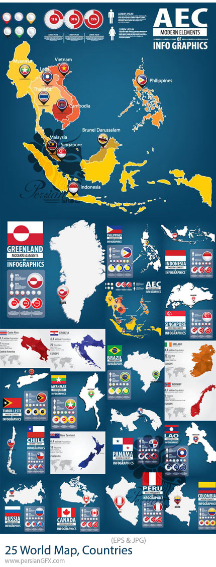 دانلود 25 وکتور نقشه کشورهای جهان همراه با نمودار اینفوگرافی - World Map, Countries