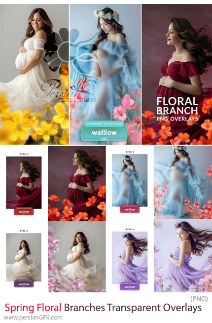 دانلود 30 المان پوششی گل های بهاری برای عکس های آتلیه ای - Spring Floral Branches Transparent PNG Overlays