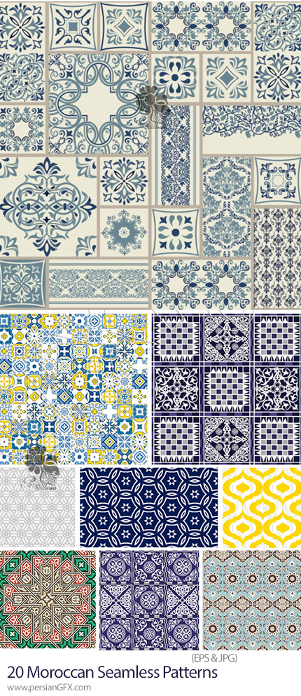 دانلود 20 پترن وکتور با طرح کاشی های تزئینی و مراکشی - Moroccan Seamless Patterns