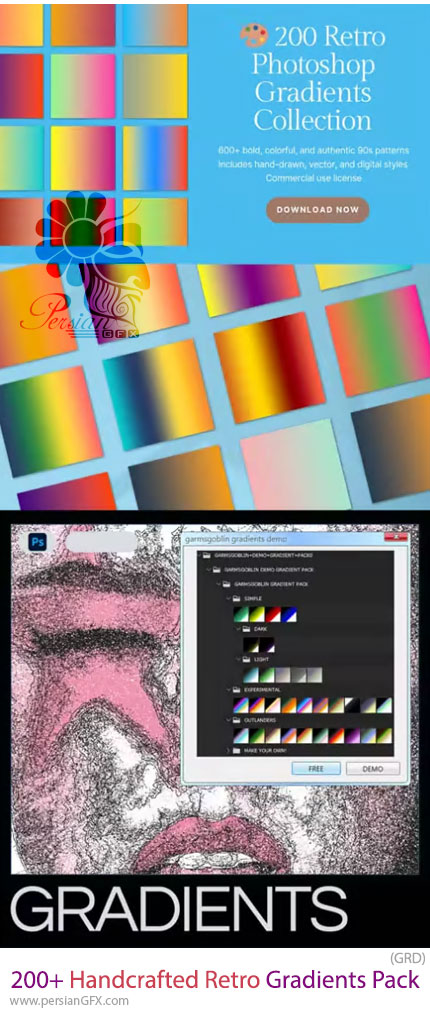 دانلود بیش از 200 گرادینت دستی به سبک رترو برای فتوشاپ - Handcrafted Retro Gradients Pack For Photoshop