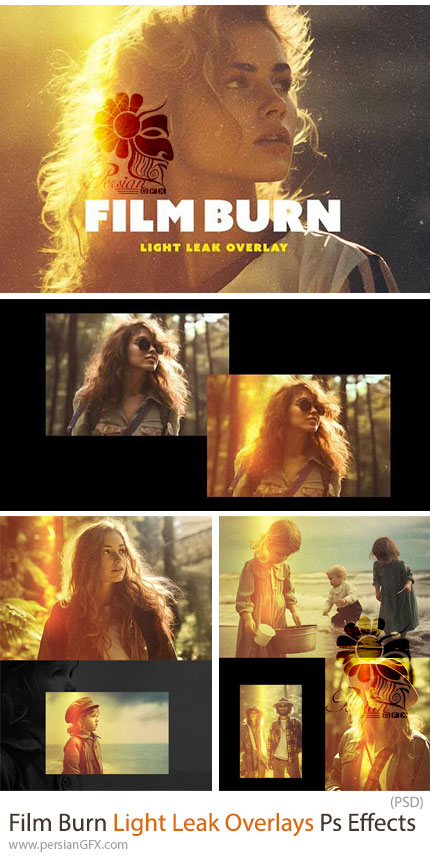 دانلود افکتهای لایه باز نشت نور و سوختگی فیلم برای فتوشاپ - Film Burn Light Leak Overlays Photoshop Effects