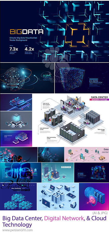 دانلود 36 وکتور مرکز دادههای عظیم، شبکه دیجیتال و فناوری ابری - Big Data Center, Digital Network, & Cloud Technology