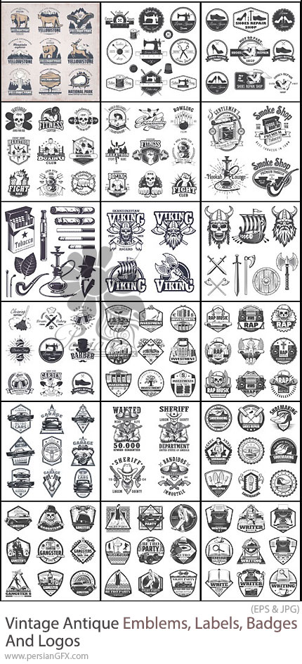 دانلود 19 وکتور نشانها، برچسبها، مدالها و لوگوهای قدیمی و آنتیک - Vintage Antique Emblems, Labels, Badges and Logos