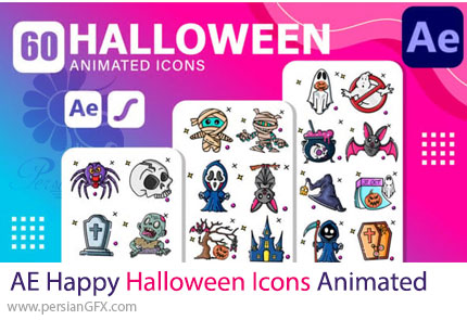 دانلود پک پروژه افترافکت و انیمیشن Lottie شامل 60 آیکون هالووین - Happy Halloween Icons Pack Animated