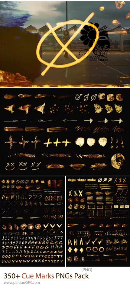 دانلود بیش از 350 المان سینمایی PNG شامل خراش‌ها، سوراخ‌ها و تکسچرهای فیلم - Cue Marks PNGs Pack