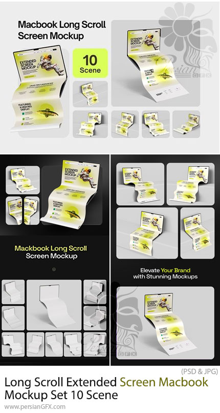 دانلود 10 موکاپ لایه باز لانگ اسکرول صفحه نمایش مک بوک - Long Scroll Extended Screen MacBook Mockup Set