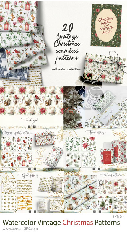 دانلود 20 پترن آبرنگی کریسمس به سبک گرانج - Watercolor Vintage Christmas Seamless Patterns