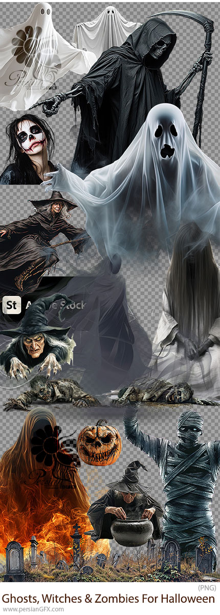دانلود 31 تصویر PNG ارواح، جادوگران و زامبی‌ها برای هالووین - Ghosts, Witches & Zombies for Halloween