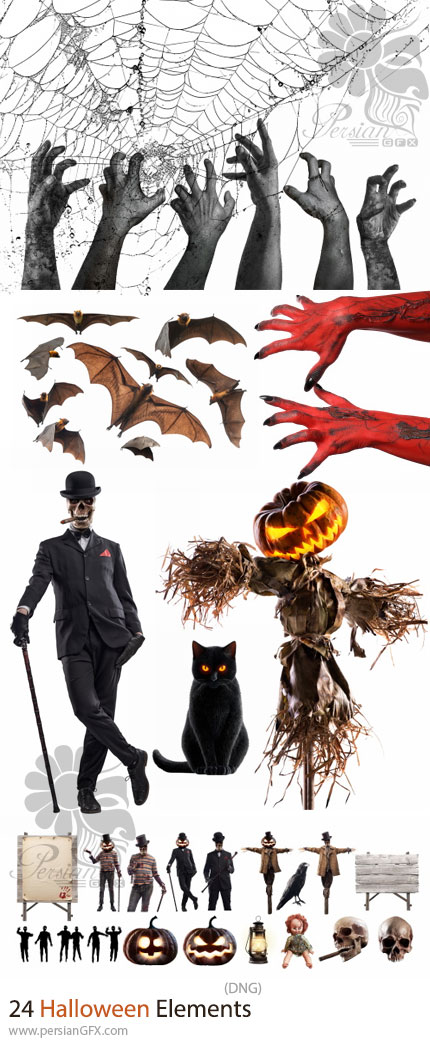 دانلود 24 المان PNG هالووین شامل روح، اسکلت، جادوگر، کدو تنبل و ... - Halloween PNG Elements