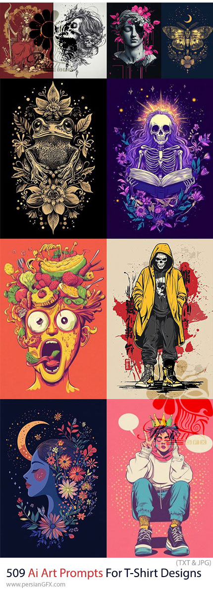 دانلود 509 پرامپت هوش مصنوعی برای طراحی تیشرت - Ai Art Prompts For T-Shirt Designs: Vol 6