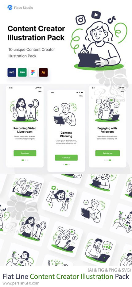 دانلود پک وکتور تصویرسازی های فلت لاین برای تولید محتوا و شبکه‌های اجتماعی - Flat Line Content Creator Illustration Pack