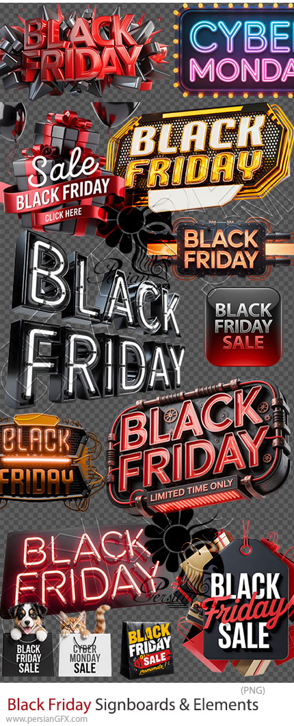 دانلود 28 المان PNG تابلوها و عناصر بلک فرایدی - Black Friday Signboards & Elements