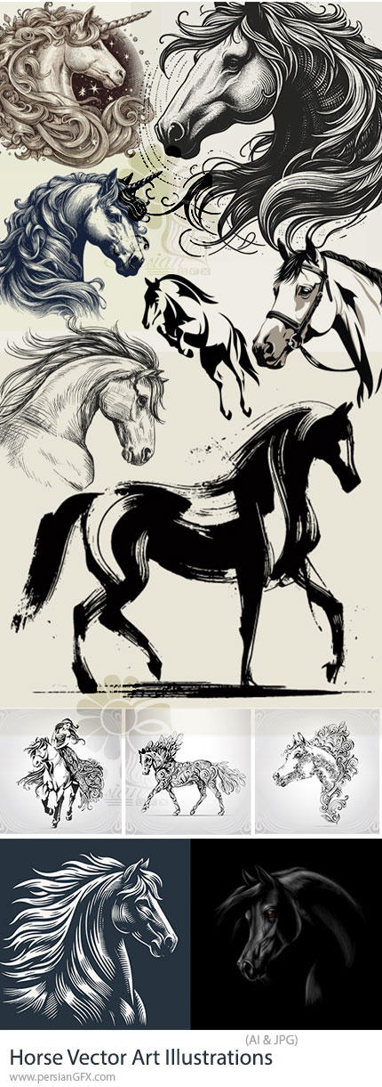 دانلود پک وکتور تصویرسازی اسب، حیوان سال نو برای طراحان - Horse Vector Art Illustrations