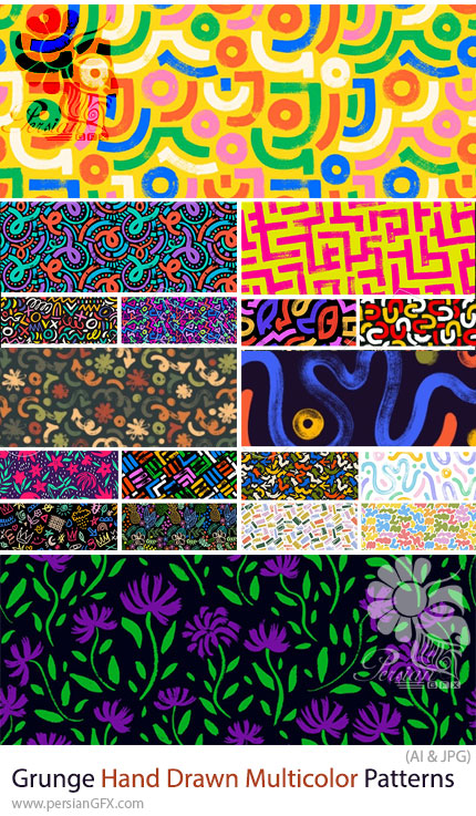 دانلود مجموعه پترن های وکتور گرانج رنگی دست‌کشیده - Grunge Seamless Hand Drawn Multicolor Patterns