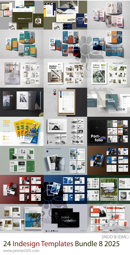 دانلود پک 24 قالب ایندیزاین بروشور، مجله، فاکتور، کاتالوگ و ... برای طراحان گرافیک - Indesign Templates Bundle 8 2025
