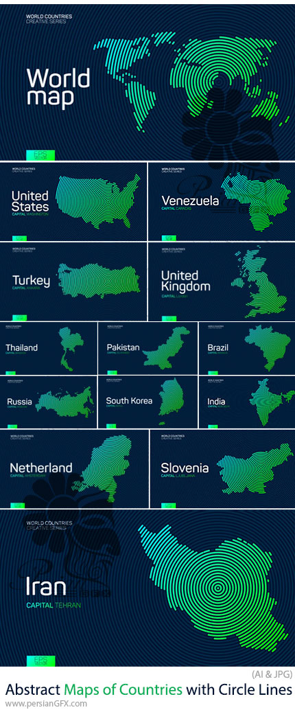 دانلود 47 وکتور نقشه انتزاعی کشورها با خطوط دایرهای - Abstract Maps of Countries with Circle Lines