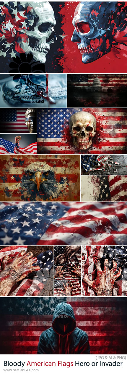 دانلود 32 تصویر پرچم آمریکا با تم خونین، قهرمان یا متجاوز - Bloody American Flags Hero or Invader 32 Images