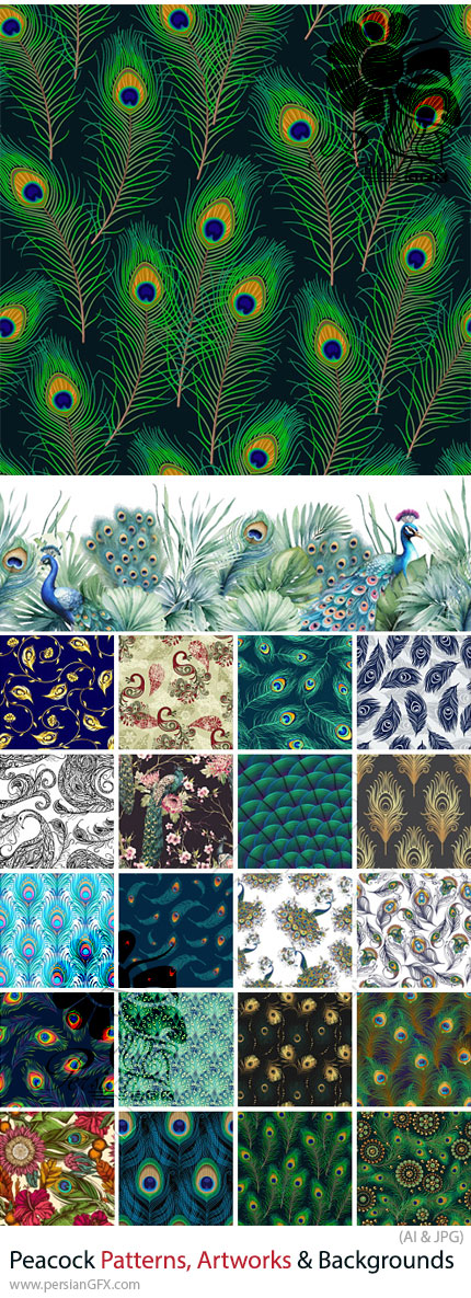 دانلود 34 وکتور پترن، پس زمینه و طرح های هنری طاووس - Peacock Patterns, Artworks & Backgrounds