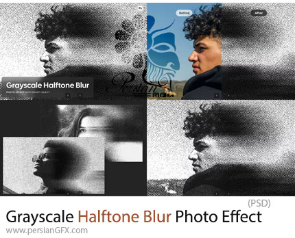 دانلود قالب لایه باز ایجاد افکت هافتون محو خاکستری بر روی تصاویر - Grayscale Halftone Blur Photo Effect