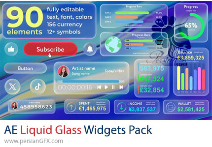 دانلود پروژه افترافکت پکیج ویجت‌های شیشه ای مایع + آموزش - Liquid Glass Widgets Pack
