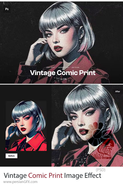 دانلود قالب لایه باز ایجاد افکت چاپ کمیک قدیمی بر روی تصاویر - Vintage Comic Print Image Effect