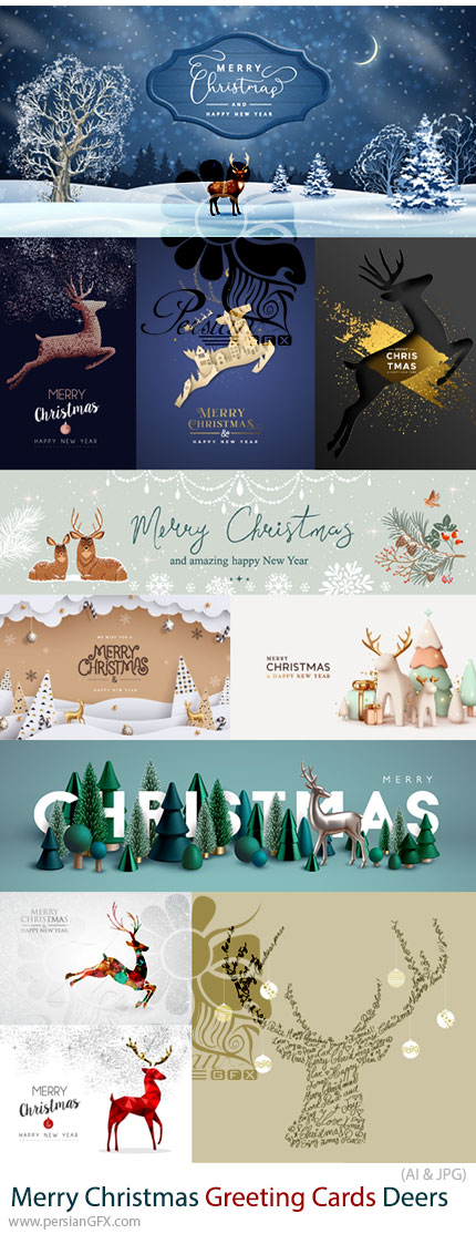 دانلود 30 وکتور کارت تبریک کریسمس با طرح گوزن - Merry Christmas Greeting Cards Deers