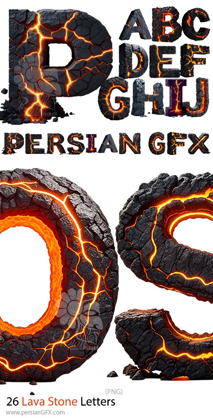 دانلود 26 تصویر PNG الفبای جنس سنگ لاوا با گدازه آتش - Lava Stone Letters