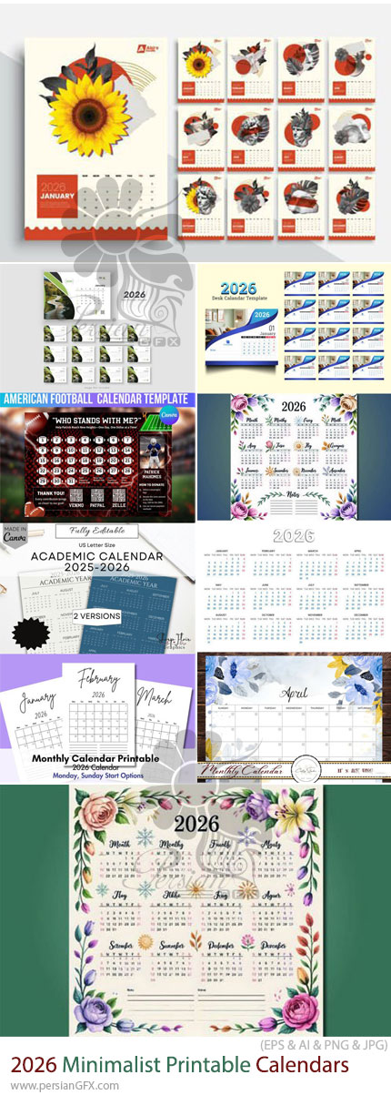 دانلود مجموعه تقویم‌های مینیمال قابل چاپ سال 2026 - 2026 Minimalist Printable Calendars Bundle