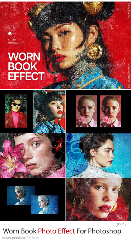دانلود قالب لایه باز ایجاد افکت قدیمی و کهنه کتاب بر روی تصاویر - Worn Book Photo Effect For Photoshop
