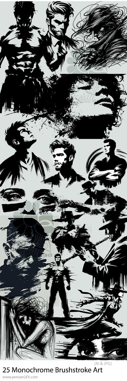 دانلود 25 وکتور هنری با طرح قلممو مونوکروم - Monochrome Brushstroke Art