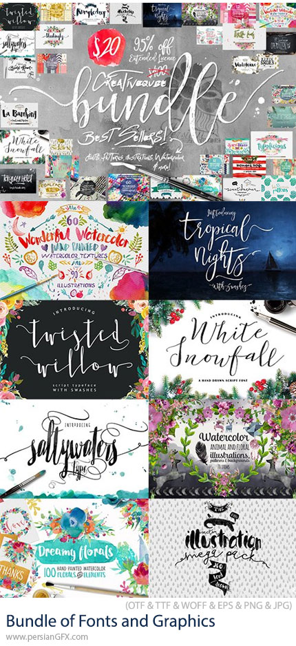 دانلود پک فونت انگلیسی و المان های گرافیکی شامل استایل، بک گراند، پترن و ... - Bundle of Fonts and Graphics