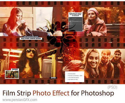 دانلود قالب لایه باز ایجاد افکت نوار فیلم عکاسی بر روی تصاویر - Film Strip Photo Effect for Photoshop