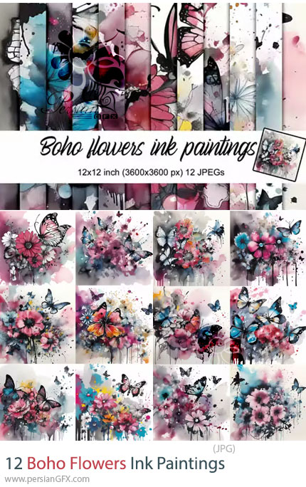 دانلود 12 عکس نقاشیهای مرکب گلهای بوهمی - Boho Flowers Ink Paintings
