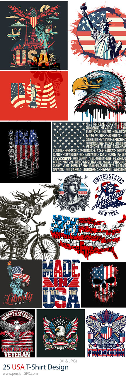 دانلود 25 وکتور طرح های چاپی تی شرت با موضوع آمریکا - USA T-Shirt Design