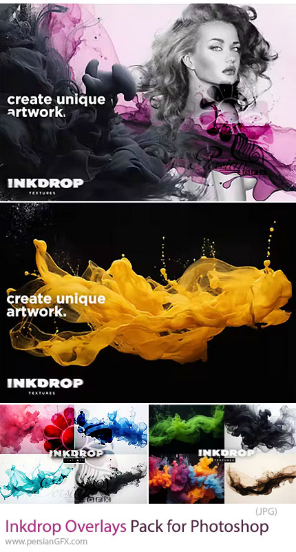 دانلود 10 افکت پوششی پاشش و جریان جوهر - Inkdrop Overlays Pack for Photoshop