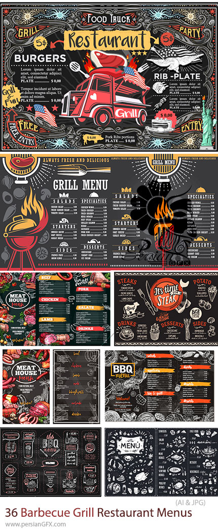 دانلود 36 وکتور منوی رستوران باربیکیو و گریل - Barbecue Grill Restaurant Menus