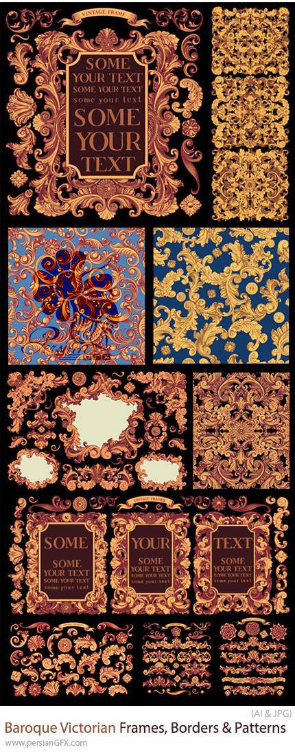 دانلود مجموعه وکتور قابها، حاشیهها و پترنهای سبک باروک و ویکتوریایی - Baroque Victorian Frames, Borders & Patterns
