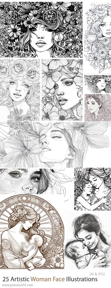 دانلود 25 وکتور تصویرسازی هنری چهره زن و مادر - Artistic Woman Face Illustrations