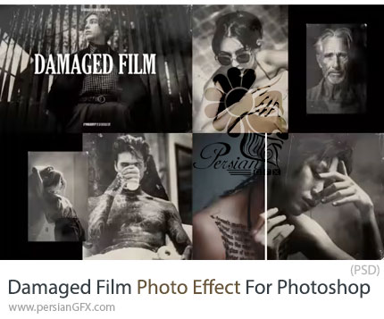 دانلود قالب لایه باز ایجاد افکت فیلم آسیب دیده بر روی عکس - Damaged Film Photo Effect PSD For Photoshop