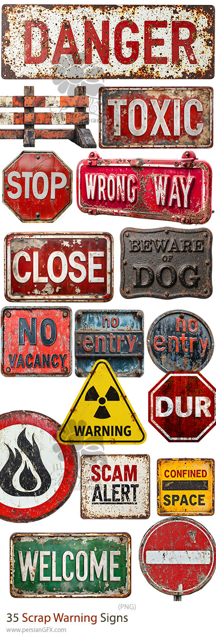 دانلود 35 تابلوی هشدار و خطر با نمای قدیمی و کهنه - Scrap Warning Signs